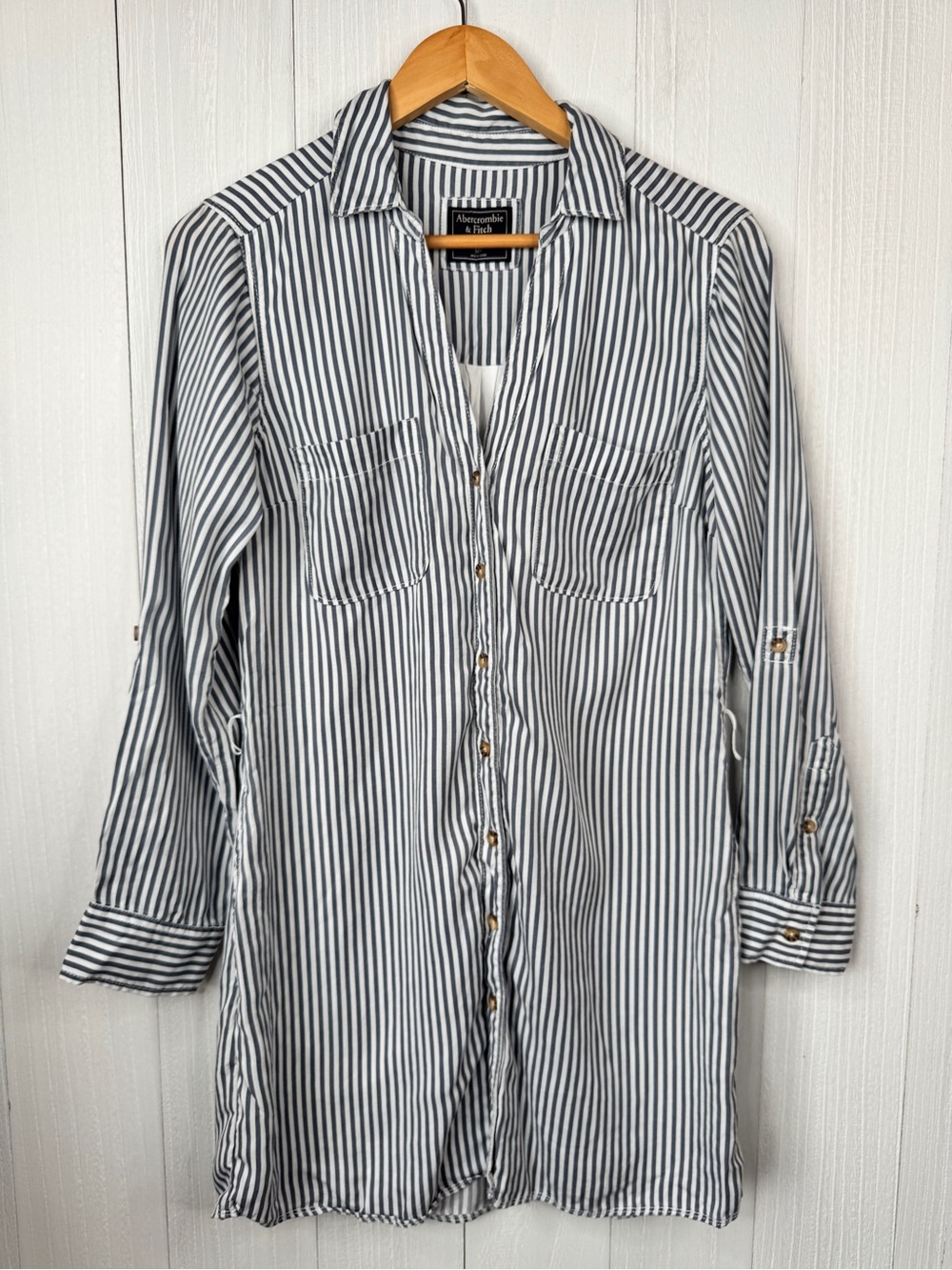 Abercrombie & Fitch grayish blue-and-white striped button-front shirt dress